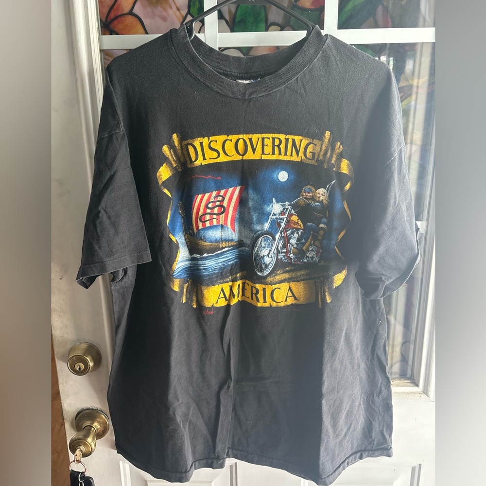 Vintage Discovering America Motorcycle easy riders single stitch T-shirt 1990